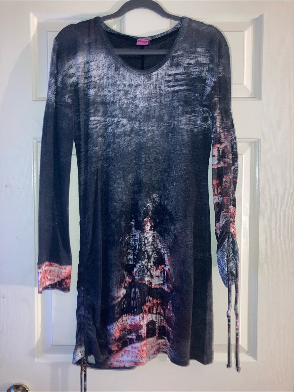 Save the Queen Black Printed Long Sleeve Tunic Dress with Pink Accents